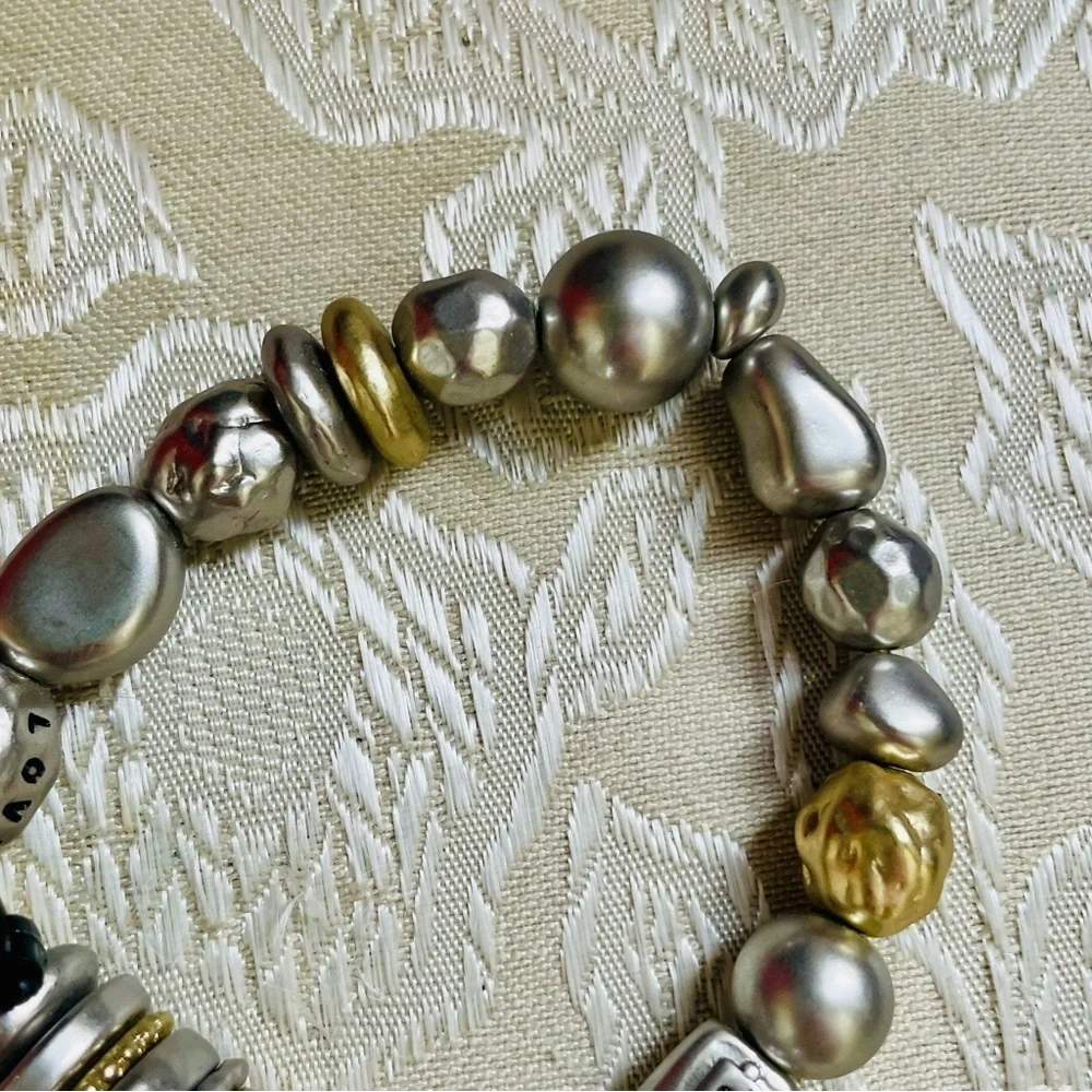 NWT Chico’s Silver Gold Tone Rhinestone Love Theme Mixed Media Stretch Bracelet
